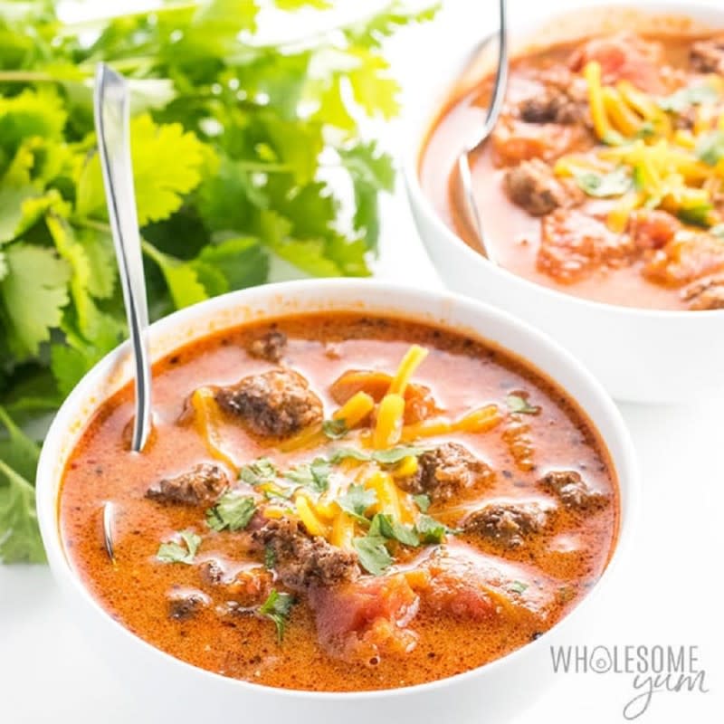 <p>Wholesome Yum</p><p>Takes only 20 minutes + five ingredients. </p><p><strong>Get the recipe: </strong><a href="https://www.wholesomeyum.com/easy-low-carb-taco-soup-recipe-with-ranch-dressing/" rel="nofollow noopener" target="_blank" data-ylk="slk:Easy Low-Carb Taco Soup Recipe;elm:context_link;itc:0;sec:content-canvas" class="link rapid-noclick-resp"><strong>Easy Low-Carb Taco Soup Recipe</strong></a></p>