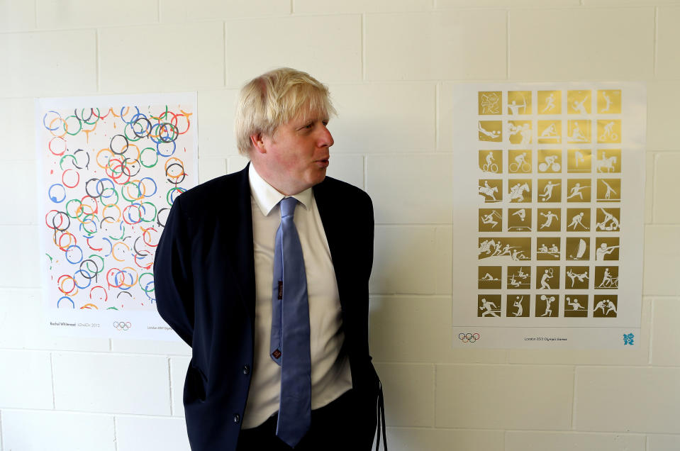 Mayor of London Boris Johnson visits the Olympic Park and Olympic Village in London.