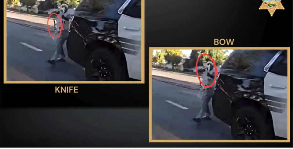 A still photo from a Ventura County Sheriff's Office video of a deputy shooting shows a man deputies said had a knife and a bow in Thousand Oaks. The video was released Wednesday.
