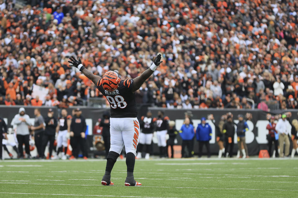 Cincinnati Bengals' DJ Reader reacts during the first half of an NFL football game against the Cleveland Browns, Sunday, Dec. 11, 2022, in Cincinnati. (AP Photo/Aaron Doster)