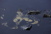 Oil spill is seen along Sentosa's Tanjong Beach area in Singapore, Sunday, June 16, 2024. (AP Photo/Suhaimi Abdullah)