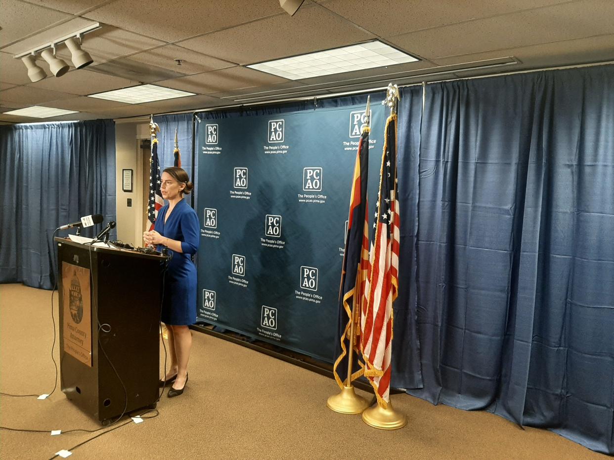 Pima County Attorney Laura Conover at a news conference on Aug. 25, 2022, announcing that former Tucson police Officer Ryan Remington will be charged with manslaughter after shooting a man in a motorized wheelchair nine times.