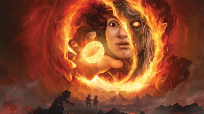 The One Ring hovers toward an illustration of Frodo, illuminated by swirling flames.