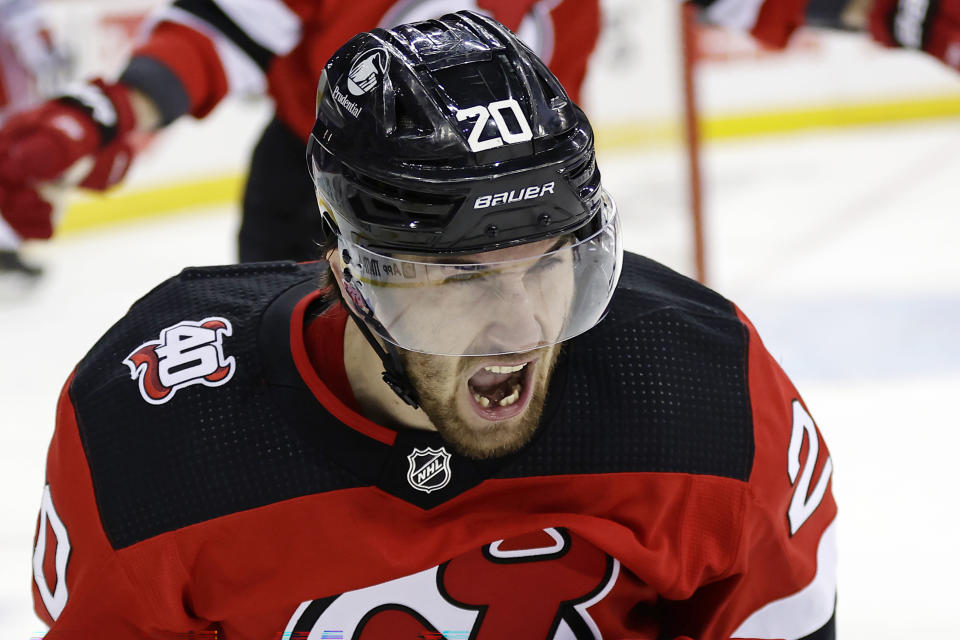New Jersey Devils center Michael McLeod reacts after scoring a goal against the New York Rangers during the second period of Game 7 of an NHL hockey Stanley Cup first-round playoff series Monday, May 1, 2023, in Newark, N.J. (AP Photo/Adam Hunger)