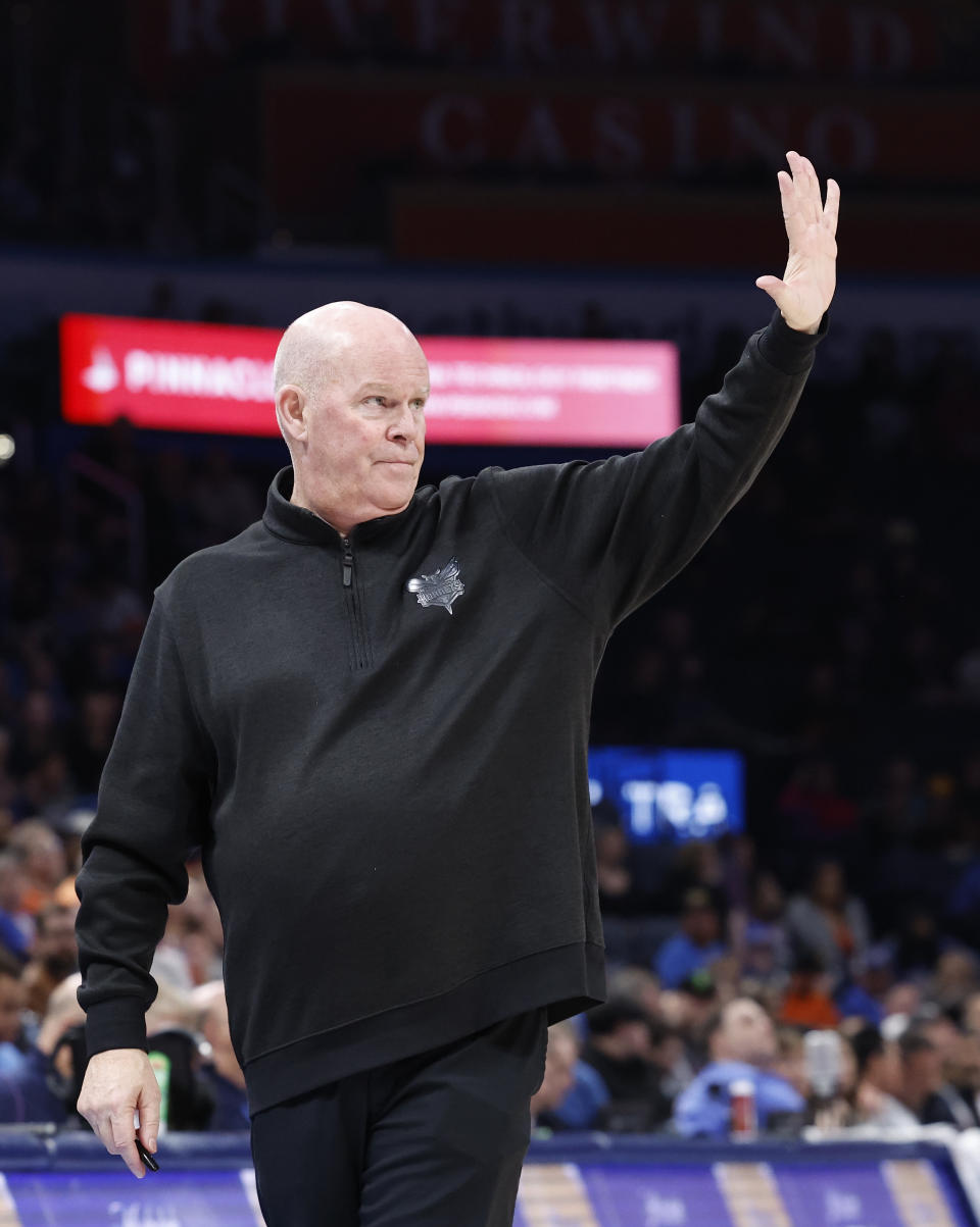 Feb 2, 2024; Oklahoma City, Oklahoma, USA; Charlotte Hornets head coach Steven Clifford gestures to his team on a play against the Charlotte Hornets during the second half at Paycom Center. Mandatory Credit: Alonzo Adams-USA TODAY Sports