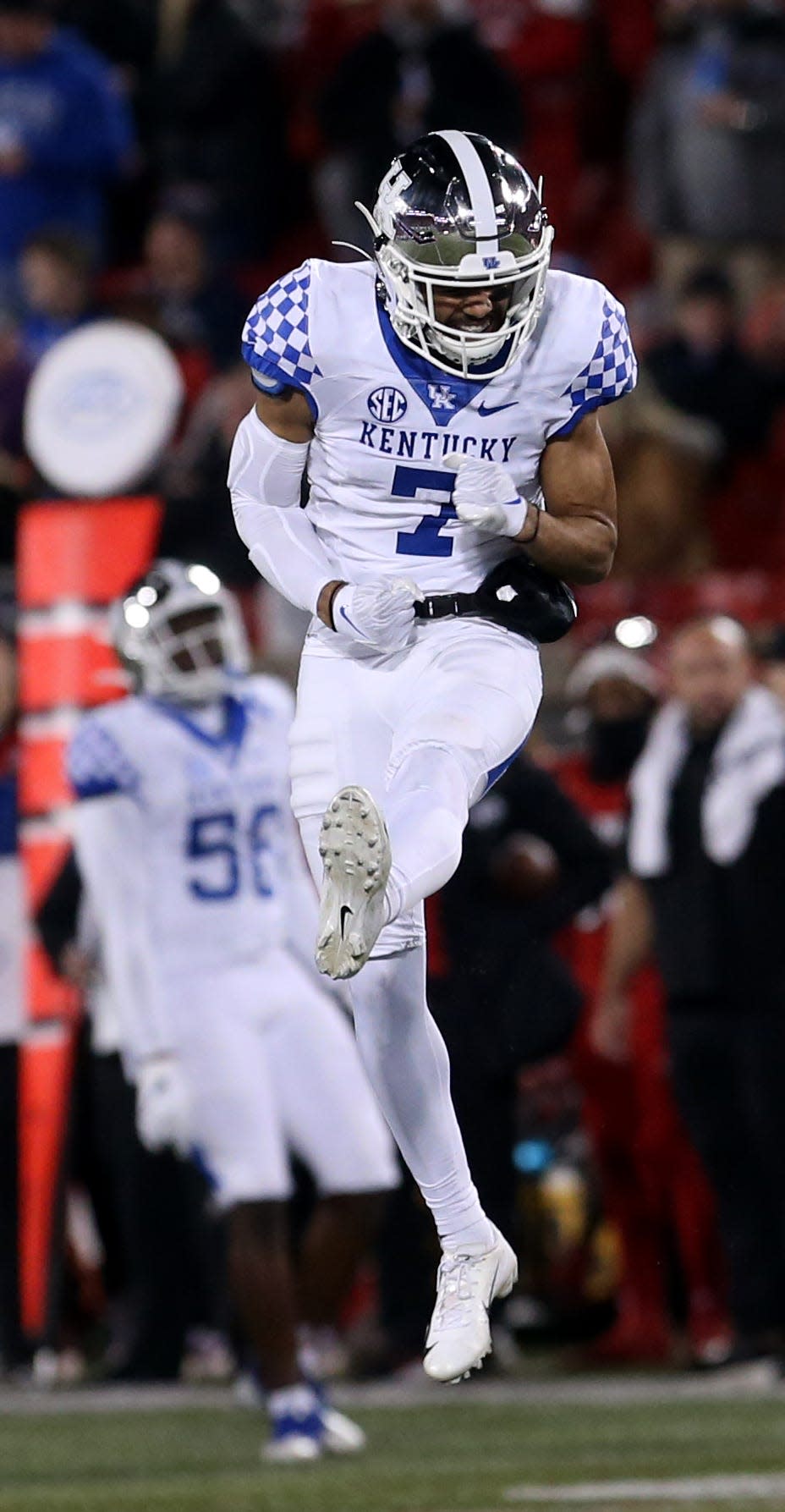 Kentucky's Vito Tisdale celebrates stopping the play against Louisville.
Nov. 27, 2021