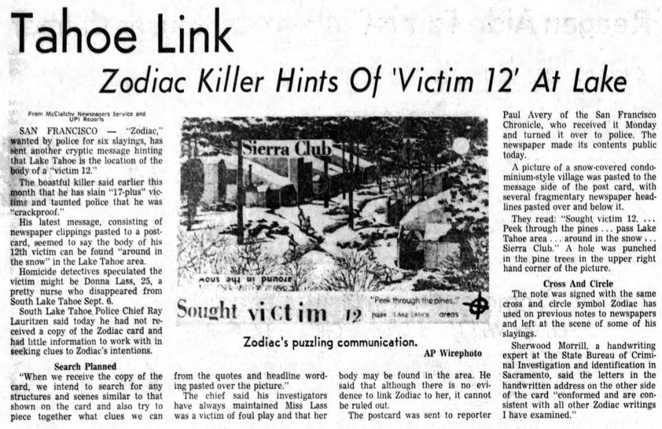 An article about victims connected to the Zodiac Killer, including the possibility that Donna Lass was among them, appears in a Friday, March 26, 1971, article in The Sacramento Bee. On Wednesday, Dec. 27, 2023, officials in Placer County announced the identification of Lass as the skull found in 1986 along Highway 20 near Yuba Pass and Emigrant Gap. Authorities have not connected Lass’ death to the Zodiac Killer.