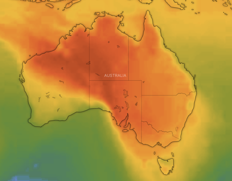 A map showing the forecast heat over Australia on Thursday highlighting the red area of South Australia. Source: Windy