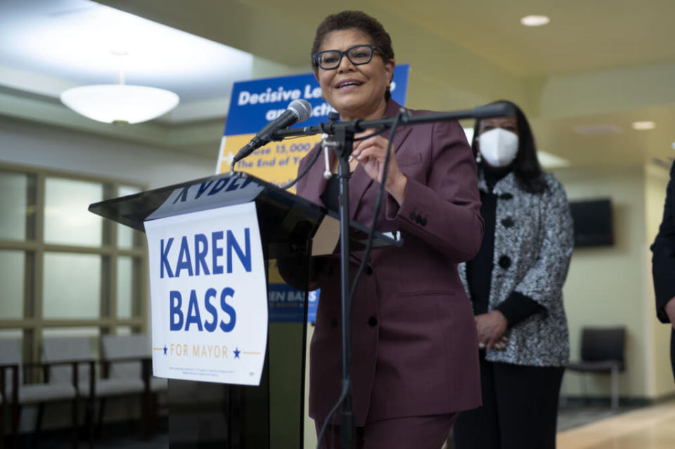 Los Angeles mayoral candidate Congresswoman Karen Bass talks about her policy position on homelessness during a news conference at the closed St. Vincent Medical Center in Los Angeles, Friday, Jan 14, 2022. (Photo by Hans Gutknecht/MediaNews Group/Los Angeles Daily News via Getty Images)