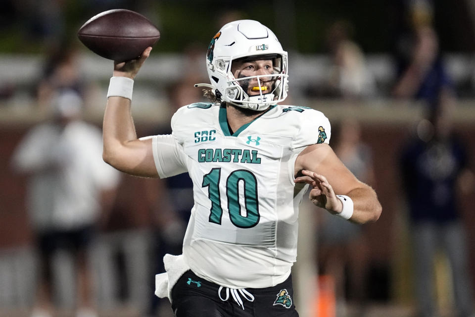 FILE - FILE - Coastal Carolina quarterback Grayson McCall runs against Georgia Southern during the first half of an NCAA college football game, Sept. 30, 2023, in Statesboro, Ga. North Carolina State broke in Coastal Carolina transfer Grayson McCall this spring. (AP Photo/Mike Stewart, File)