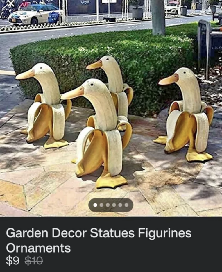 garden decor of ducks in a banana peel