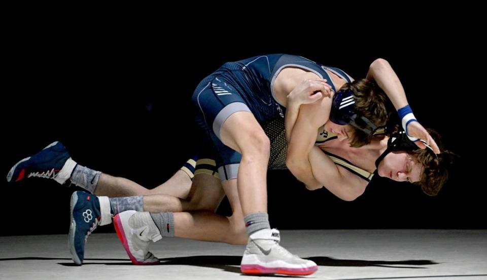 Penns Valley’s Conner Myers controls Bald Eagle Area’s Michael Wesley in the 107 lb bout of the match on Thursday, Jan. 24, 2024. Myers won by fall.