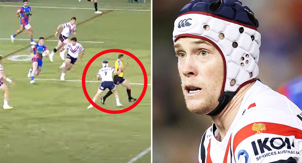 On the left is Roosters playmaker Luke Keary making contact with NRL referee Gerard Sutton