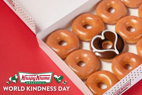 The first 500 guests at each Krispy Kreme shop will receive a dozen free Original Glazed Doughnuts on Monday, Nov. 13, to celebrate World Kindness Day.
