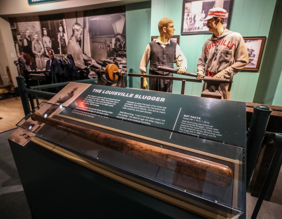 The first baseball bat made by Bud Hillerich for Pete Browning on display at the Louisville Slugger Museum.