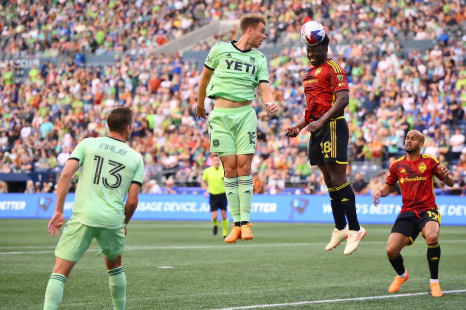 Austin FC defender Leo Väisänen, center, has been the team’s MVP and the rock of a defense that has weathered numerous injuries.