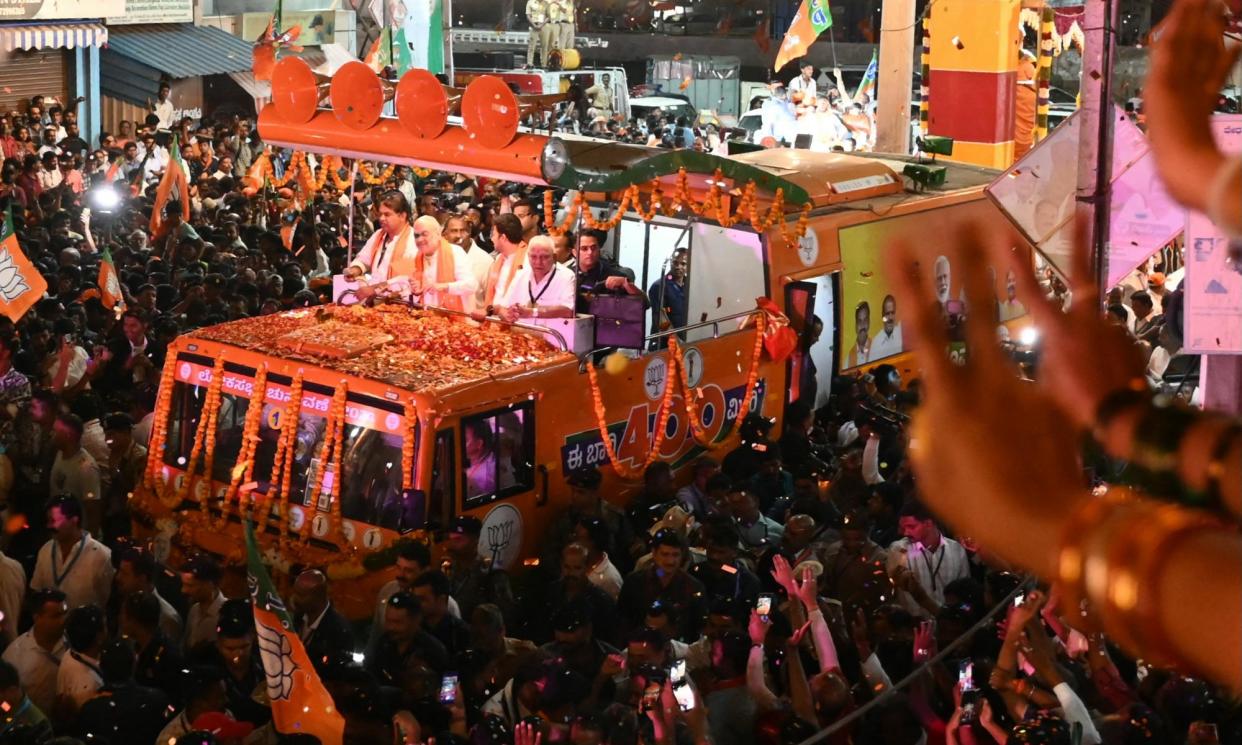 <span>A BJP rally in Bengaluru, capital of Karnataka. The state is key to the party of PM Narendra Modi because it is the only one where it has a foothold in the south.</span><span>Photograph: Idrees Mohammed/AFP/Getty Images</span>