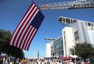 <p>A large American flag is displayed outside of NRG Stadium before the game between the Houston Texans and Chicago Bears. Mandatory Credit: Kevin Jairaj-USA TODAY Sports </p>