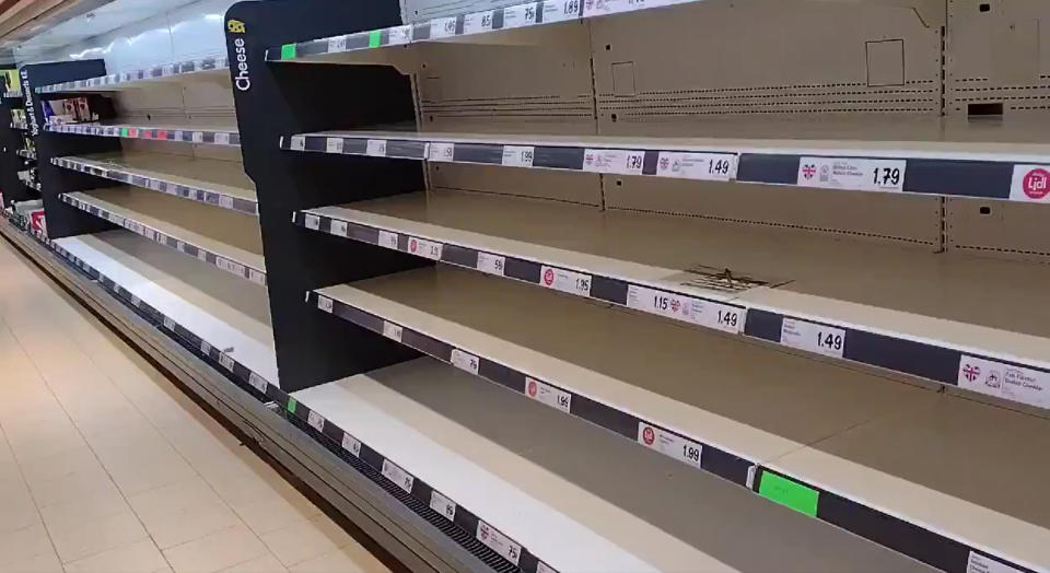 Empty shelves at a Lidl in Wolverton, Milton Keynes, on Thursday amid the 'pingdemic'. (PA)