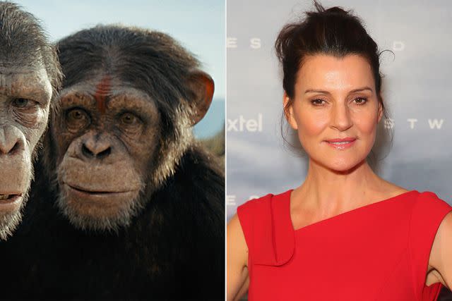 <p>courtesy 20th Century Studios; wireimage</p> (Left-right:) Sara Wiseman in 'Kingdom of the Planet of the Apes'; on May 2