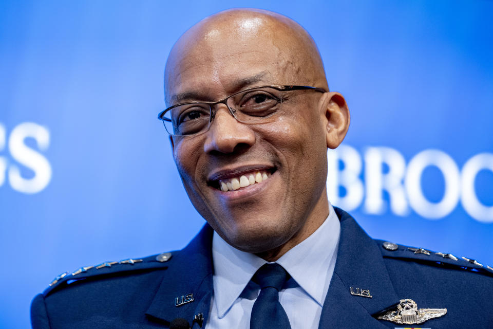 FILE - Air Force Chief of Staff Gen. CQ Brown, Jr. pauses while speaking about U.S. defense strategy at the Brookings Institution in Washington, Monday, Feb. 13, 2023. President Joe Biden is expected to nominate a history-making Air Force fighter pilot general with years of experience in shaping U.S. defenses to meet China's rise to serve as the nation's next top military officer, according to two people familiar with the decision. If confirmed by the Senate, Brown would replace the current chairman of the Joint Chiefs of Staff, Army Gen. Mark Milley, whose term ends in October. (AP Photo/Andrew Harnik, File)