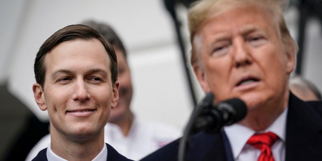 Senior Advisor Jared Kushner looks on as U.S. President Donald Trump speaks at the White House in January.