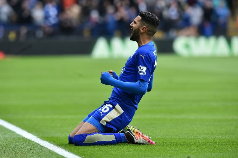 Leicester City's Algerian midfielder Riyad Mahrez celebrates scoring the opening goal during the English Premier League football match between Leicester City and Swansea at King Power Stadium in Leicester, central England on April 24, 2016