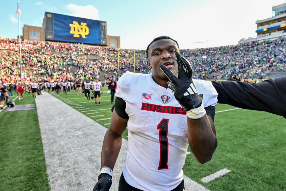 Northern Illinois running back Antario Brown (1) celebrates the Huskies' 16-14 win over the Notre Dame Fighting Irish at Notre Dame Stadium. (Matt Cashore-Imagn Images)