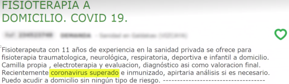 Un fisioterapeuta se ofrece con el coronavirus superado. 