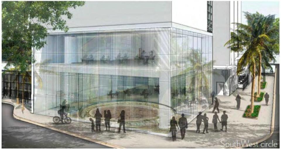 Una representación digital arquitectónica muestra cómo el urbanizador MDM propuso inicialmente encerrar y exponer un antiguo círculo indígena de agujeros para postes en el complejo MetSquare, en el downtown de Miami.