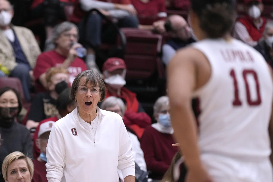 Stanford head coach Tara Vanderveer yells out to guard Talana Lepolo (10) during the first half against Gonzaga in a NCAA college basketball game in Stanford, Calif., Sunday, Dec. 4, 2022. (AP Photo/Tony Avelar)