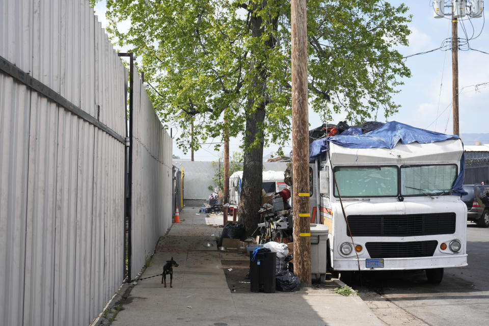 Exterior view of a property where Erik Hultstrom grew boutique cannabis buds, Friday, April 14, 2023, in Pacoima, Calif. Legal marijuana growers along the West Coast are struggling with oversupply, low prices and limited outlets for selling their product. (AP Photo/Marcio Jose Sanchez)