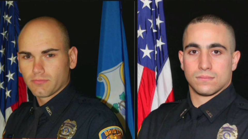 This combo of images provided by the Connecticut State Police, shows, from left, Bristol, Conn. Police Department Sgt. Dustin Demonte and Officer Alex Hamzy. / Credit: Connecticut State Police