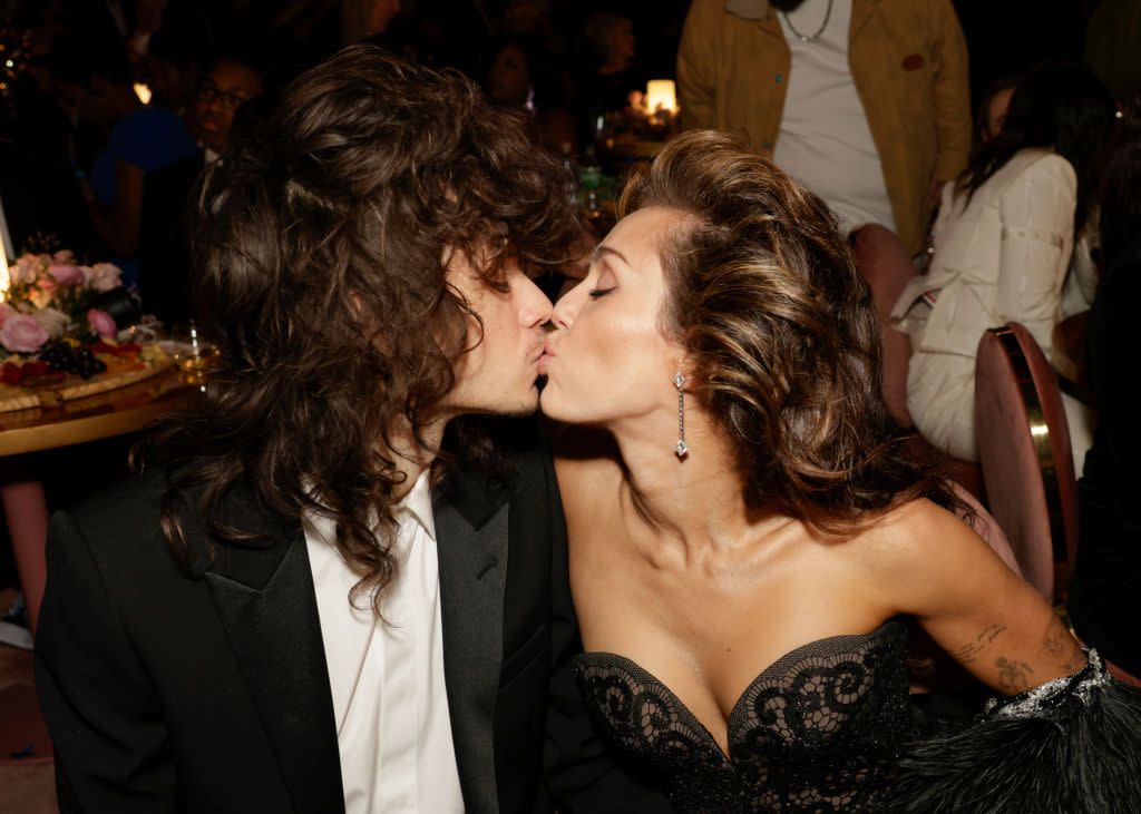 los angeles february 4 maxx morando and miley cyrus behind the scenes at the 66th annual grammy awards, airing live from cryptocom arena in los angeles, california, sunday, feb 4 800 1130 pm, live et500 830 pm, live pt on the cbs television network photo by francis speckercbs via getty images