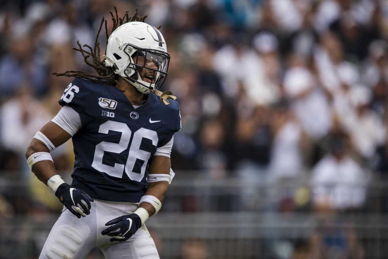 STATE COLLEGE, PA - SEPTEMBER 14: Jonathan Sutherland #26 of the Penn State Nittany Lions celebrates against the Pittsburgh Panthers during the second half at Beaver Stadium on September 14, 2019 in State College, Pennsylvania. (Photo by Scott Taetsch/Getty Images)