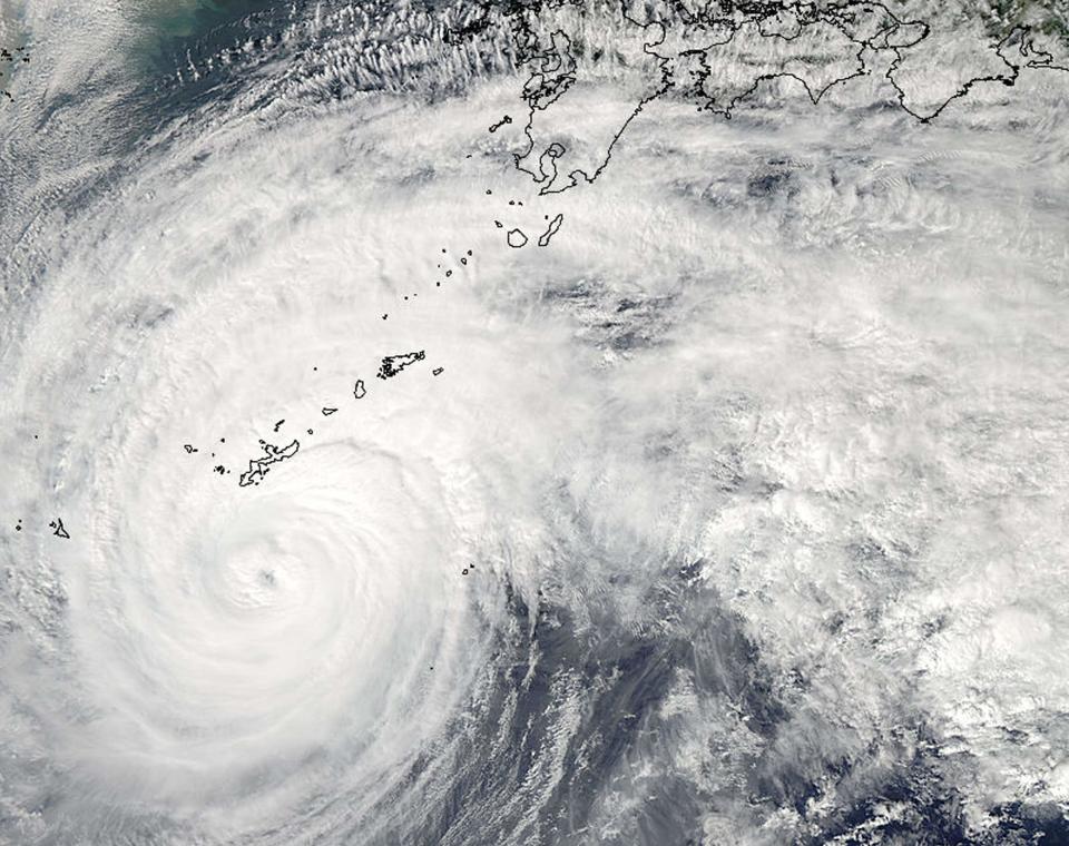A Moderate Resolution Imaging Spectroradiometer (MODIS) image from NASA's Aqua satellite shows Typhoon Vongfong in the Pacific Ocean, approaching Japan's main islands on its northward journey October 11, 2014. (REUTERS/NASA)