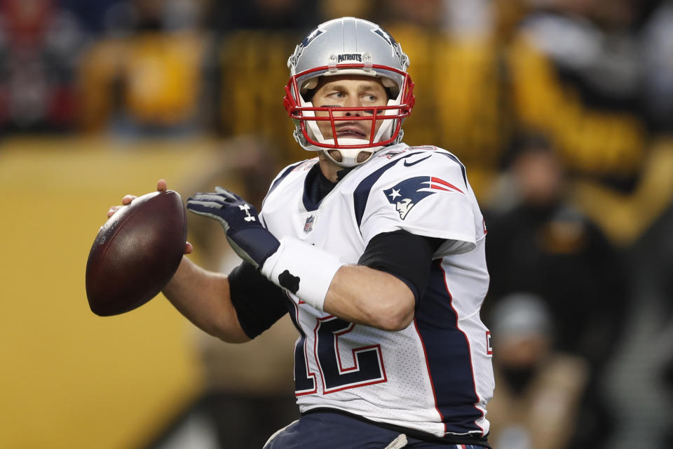 New England Patriots quarterback Tom Brady (12) looks to pass during the first half of an NFL football game against the Pittsburgh Steelers in Pittsburgh, Sunday, Dec. 16, 2018. (AP Photo/Keith Srakocic)