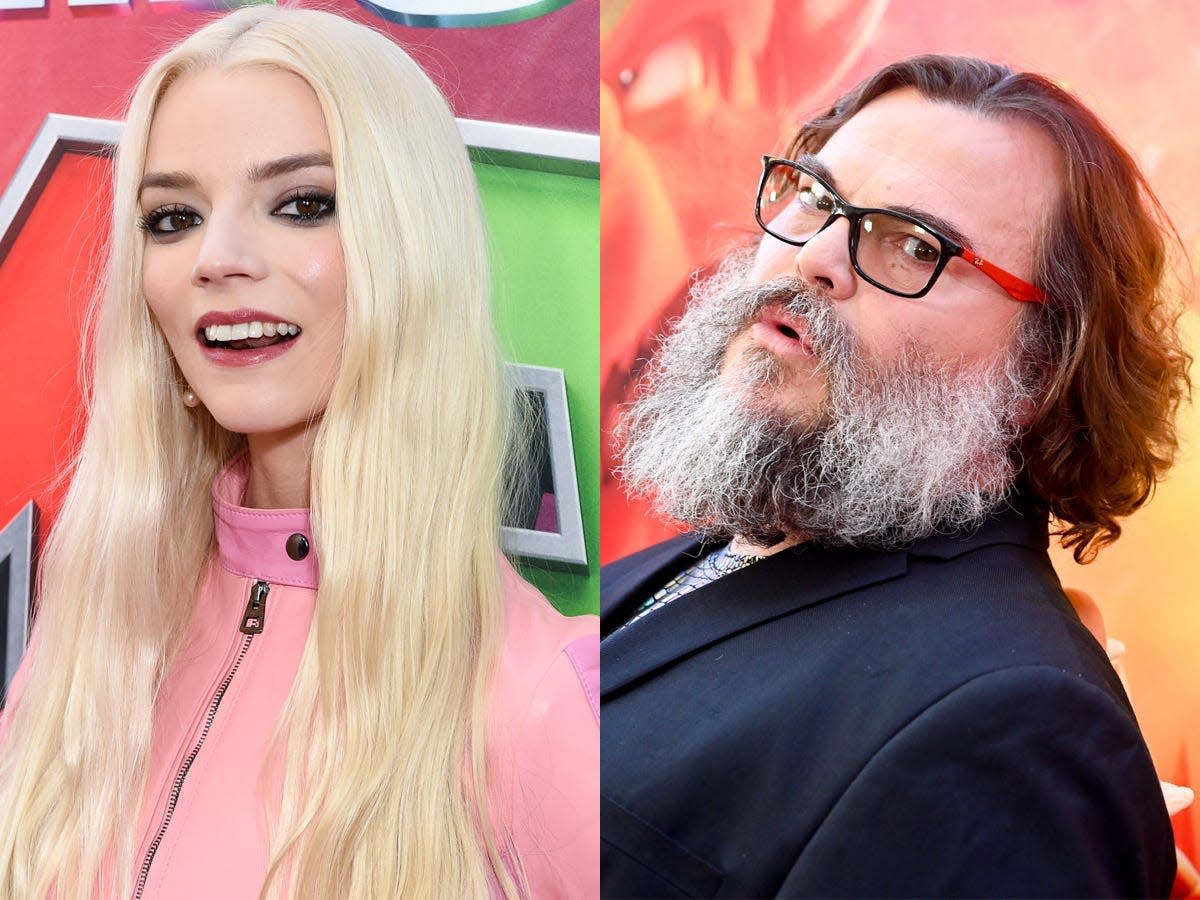A side-by-side image of Anya Taylor-Joy, smiling on the red carpet in a pink leather suit, and Jack Black, acting shocked while also posing on the red carpet.