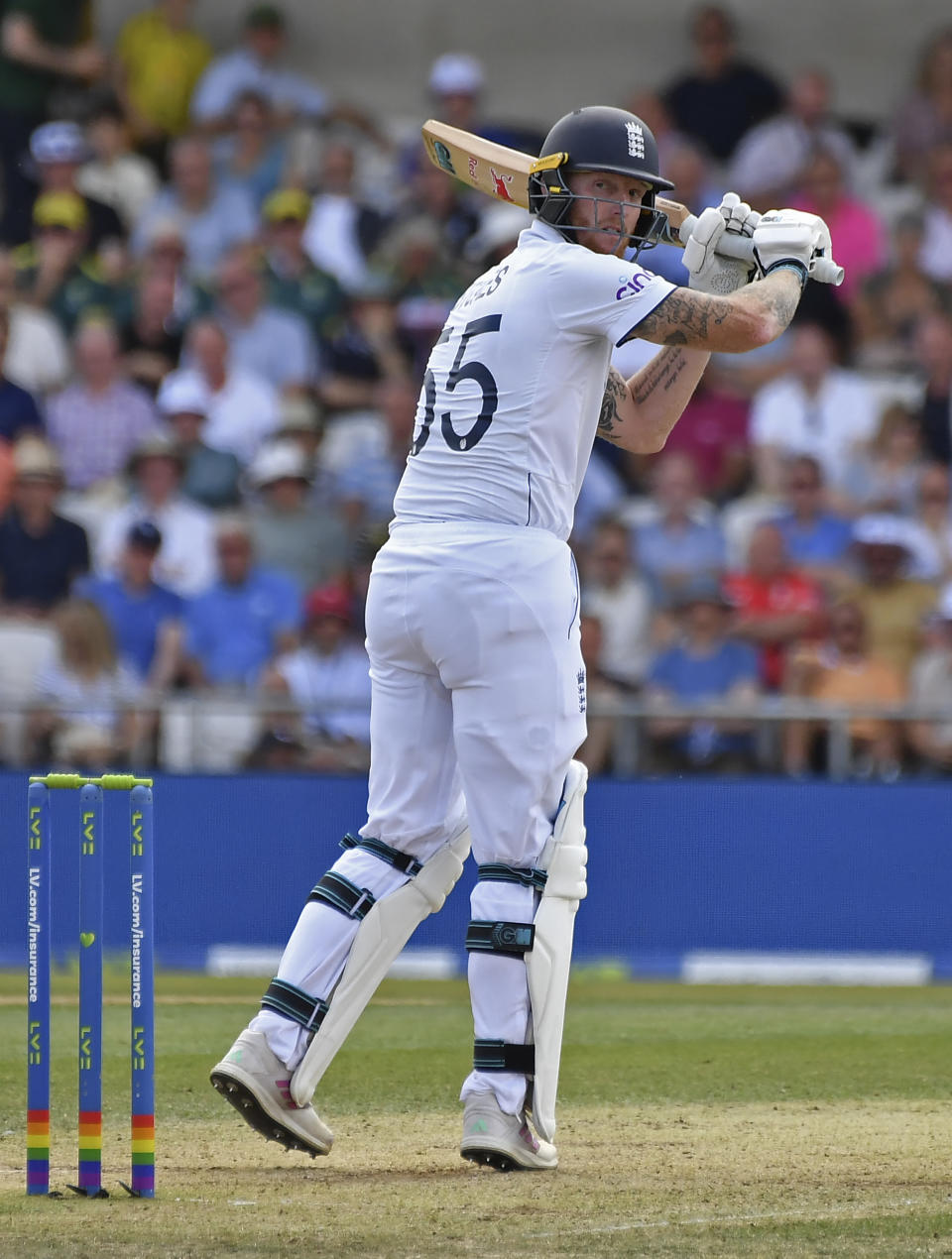 England's captain Ben Stokes bats during the second day of the third Ashes Test match between England and Australia at Headingley, Leeds, England, Friday, July 7, 2023. (AP Photo/Rui Vieira)