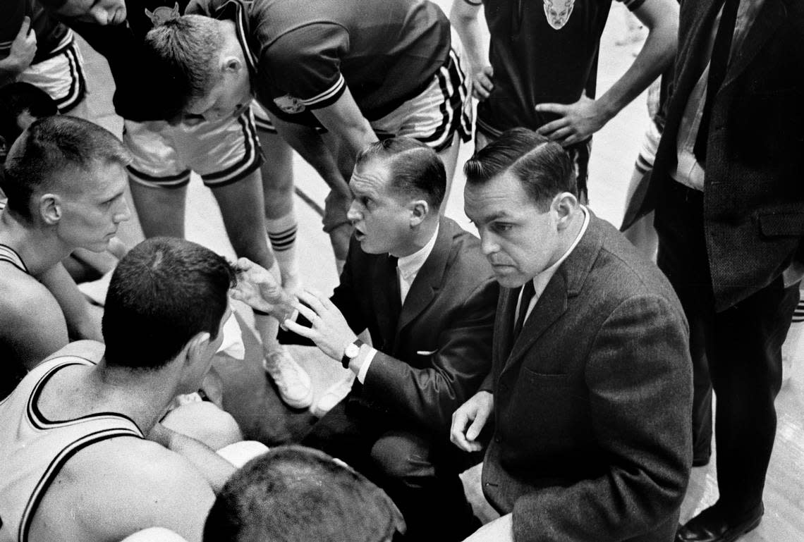 Duke coach Vic Bubas gives instructions to his team during the NC State vs. Duke, January 7, 1963 at Duke.