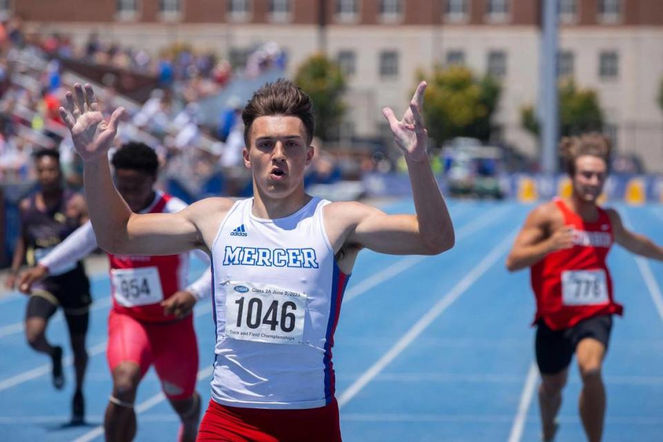 Mercer County’s Beau Brown takes first place in the 400 meters during the Class 2A state championships at the University of Kentucky Track and Field Facility on Friday.