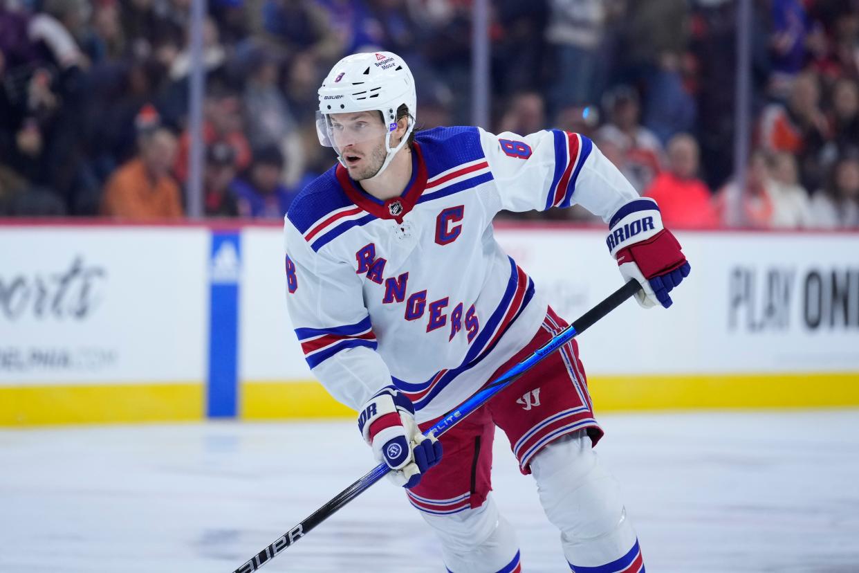 New York Rangers' Jacob Trouba plays during an NHL hockey game, Friday, Nov. 24, 2023, in Philadelphia.