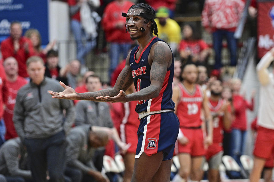 Detroit Mercy guard Antoine Davis reacts after being called for a foul during the second half of an NCAA college basketball game against Youngstown State in the quarterfinals of the Horizon League tournament Thursday, March 2, 2023, in Youngstown, Ohio.(AP Photo/David Dermer)