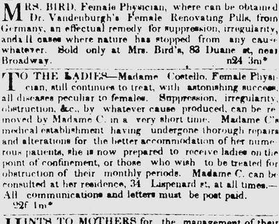 Los anuncios de servicios de aborto, como éstos del <em>New York Sun</em> de 1842, eran habituales en la época victoriana. En aquella época, el aborto era ilegal en Nueva York.