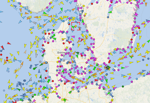 The Avontuur, shown in red brackets near the top center, makes its way around Denmark, Aug. 3, 2016.