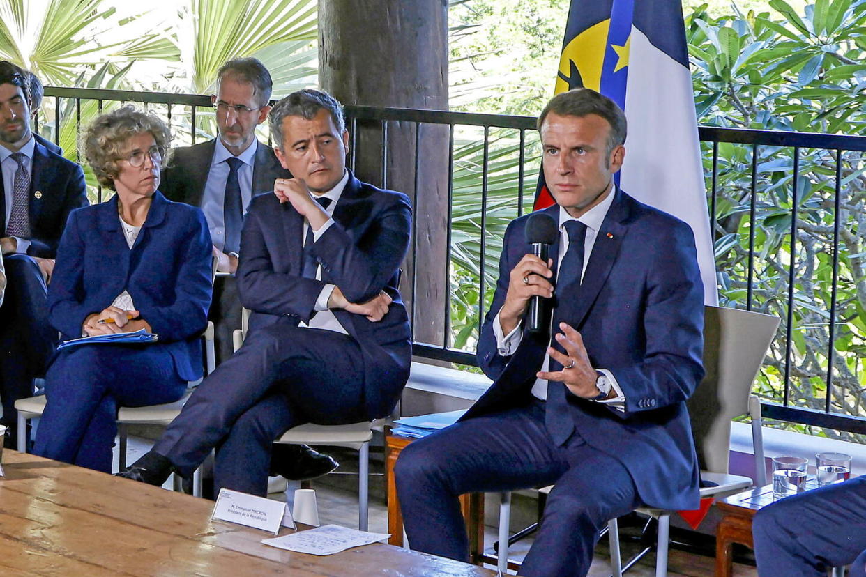 Emmanuel Macron au Haut-Commissariat de Nouméa, en Nouvelle-Calédonie, le 23 mai 2024.  - Credit:Ludovic Marin/AP/SIPA 