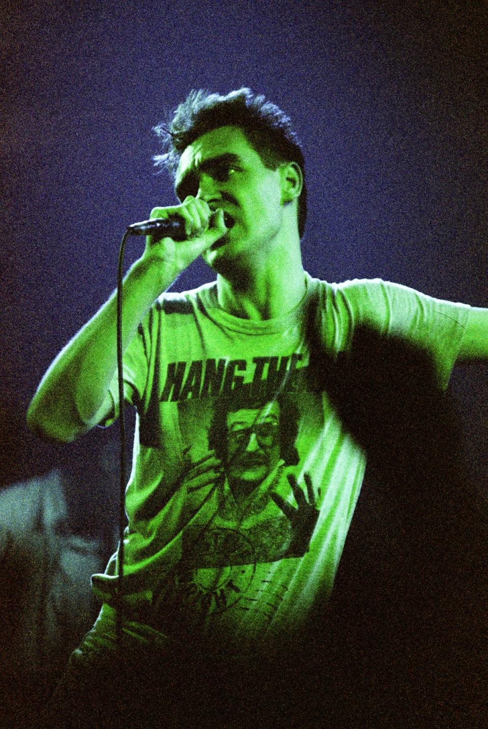 Morrissey of The Smiths on stage at Brixton Academy on October 24th, 1986 (Redferns)