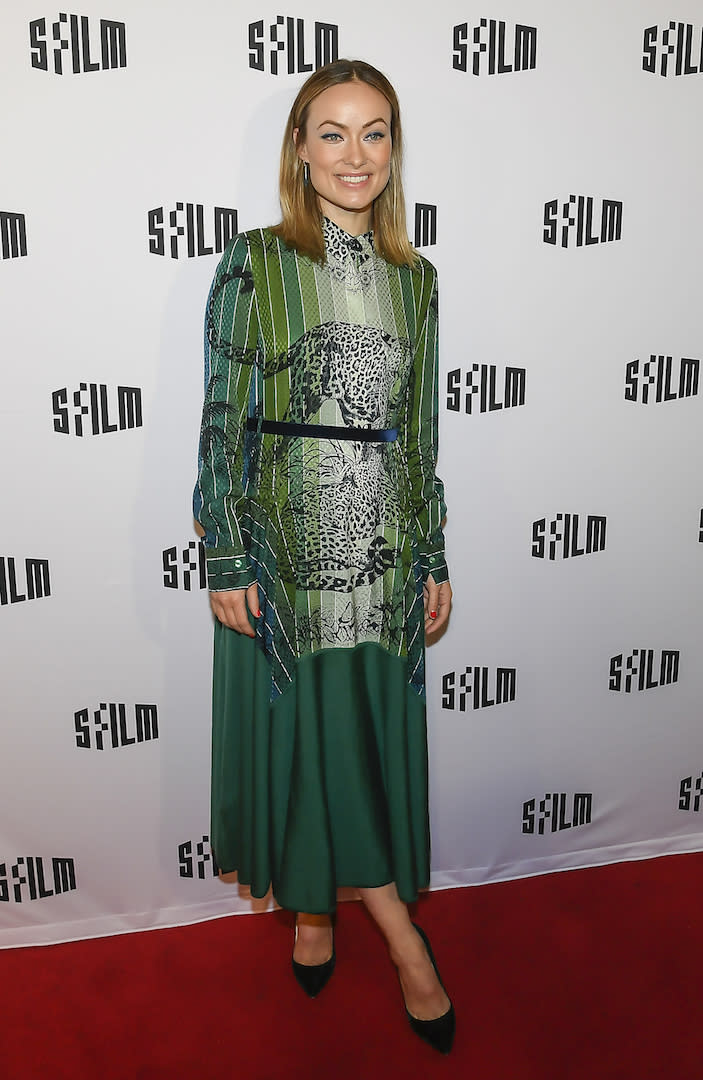 <p>The actress-turned-director proved she could never put a fashion foot wrong in a vivid green animal print ensemble. <em>[Photo: Getty]</em> </p>