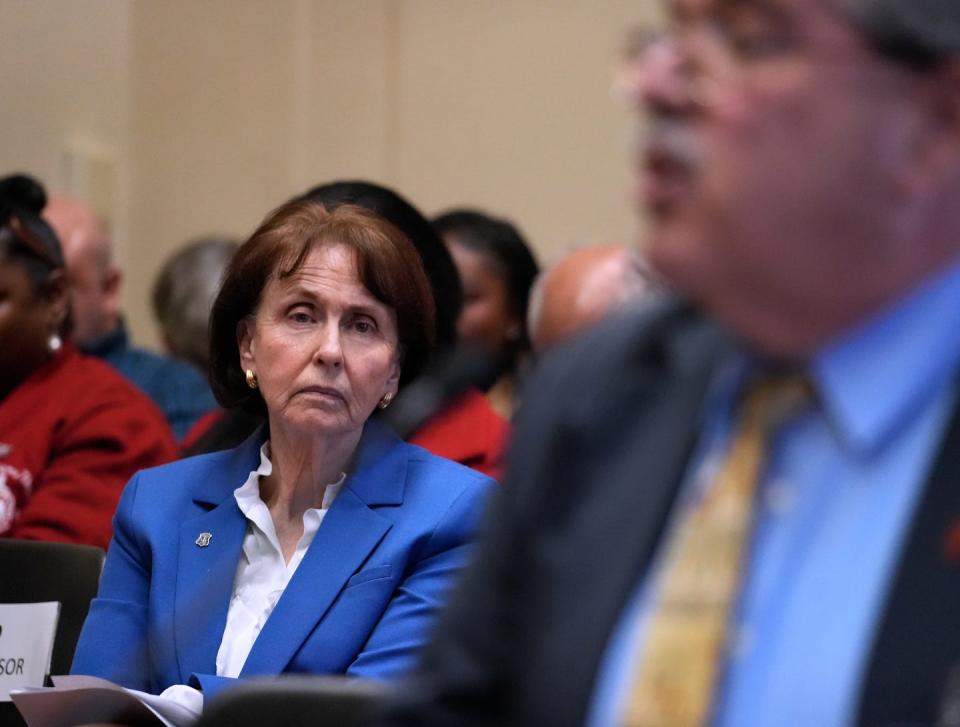 Rep. Patricia Morgan listens to testimony from James Parisi of the Rhode Island Federation of Teachers and Health Professionals during Wednesday evening's hearing by the House Education Committee on Morgan's bill establishing a "Parents' Bill of Rights Act" regarding education.