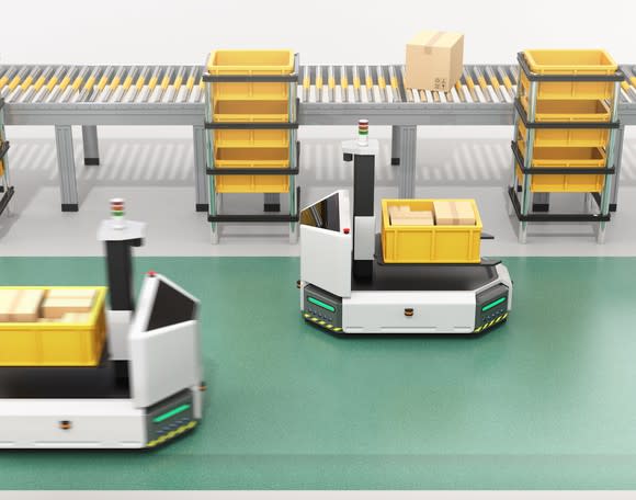 Robot forklifts work in a warehouse.